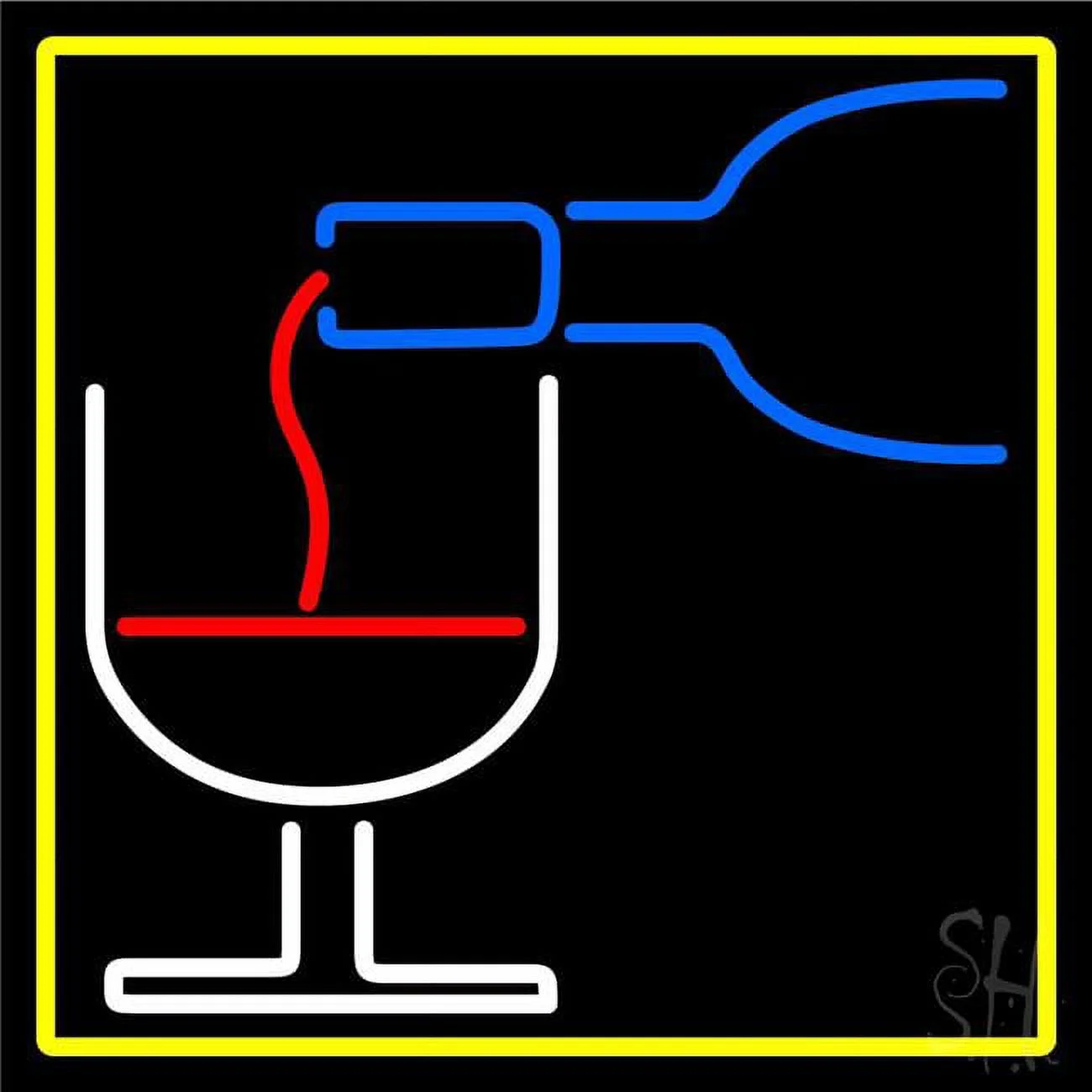 Wine Glass Bottle with Yellow Border Clear Backing Neon Sign - Yellow, Blue, White & Red - 24 in. Tall x 24 in. Wide