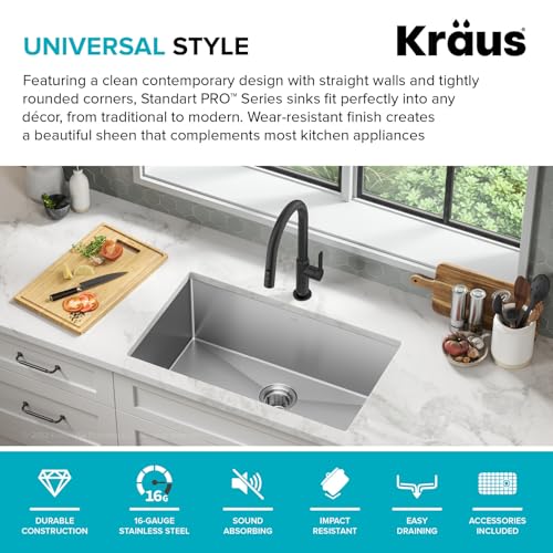 Kraus KHU101-24L Standart PRO 24-inch Undermount 16 Gauge Single Bowl Laundry and Utility Sink, 24 Inch, Tight Radius