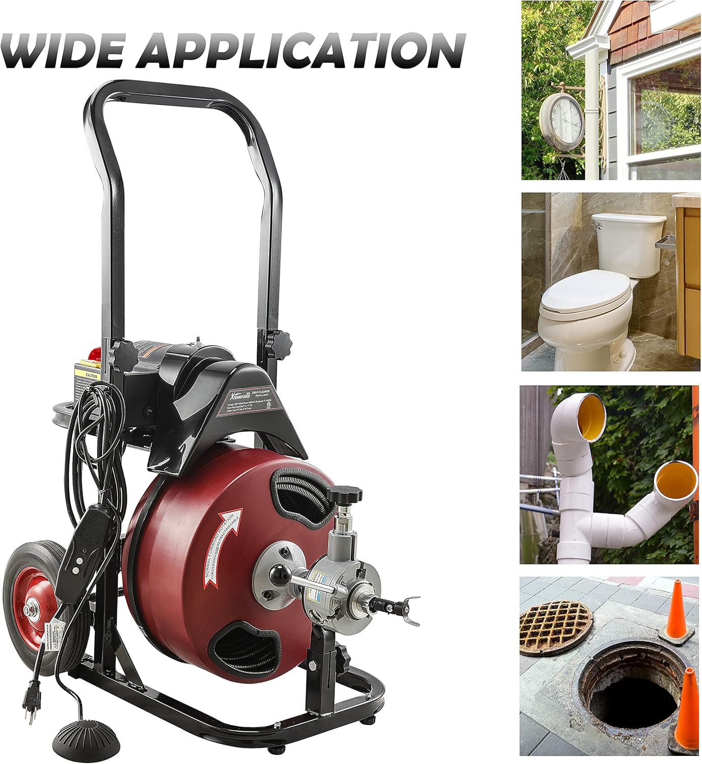 XtremepowerUS Commercial Sewer Snake Drill Drain Auger Cleaner Cable 50-Feet Long 1/2 (4)-Cutter Set & Foot Switch with Wheel