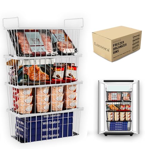 Freezer Organizer Bins - 4 Pack Stackable Chest Freezer Organizer for 7 Cu.FT Deep Freezers - Convenient Side Handles for Easy Food Access (White)