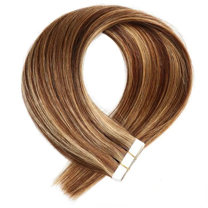 Highlight Ombre Hair Extension Tape In Human Hair Extensions Real Remy Hair Extension Straight Seamless Skin Weft Adhesive Glue On for Salon High Quality 20pcs/pack 14-24inch #P4/27