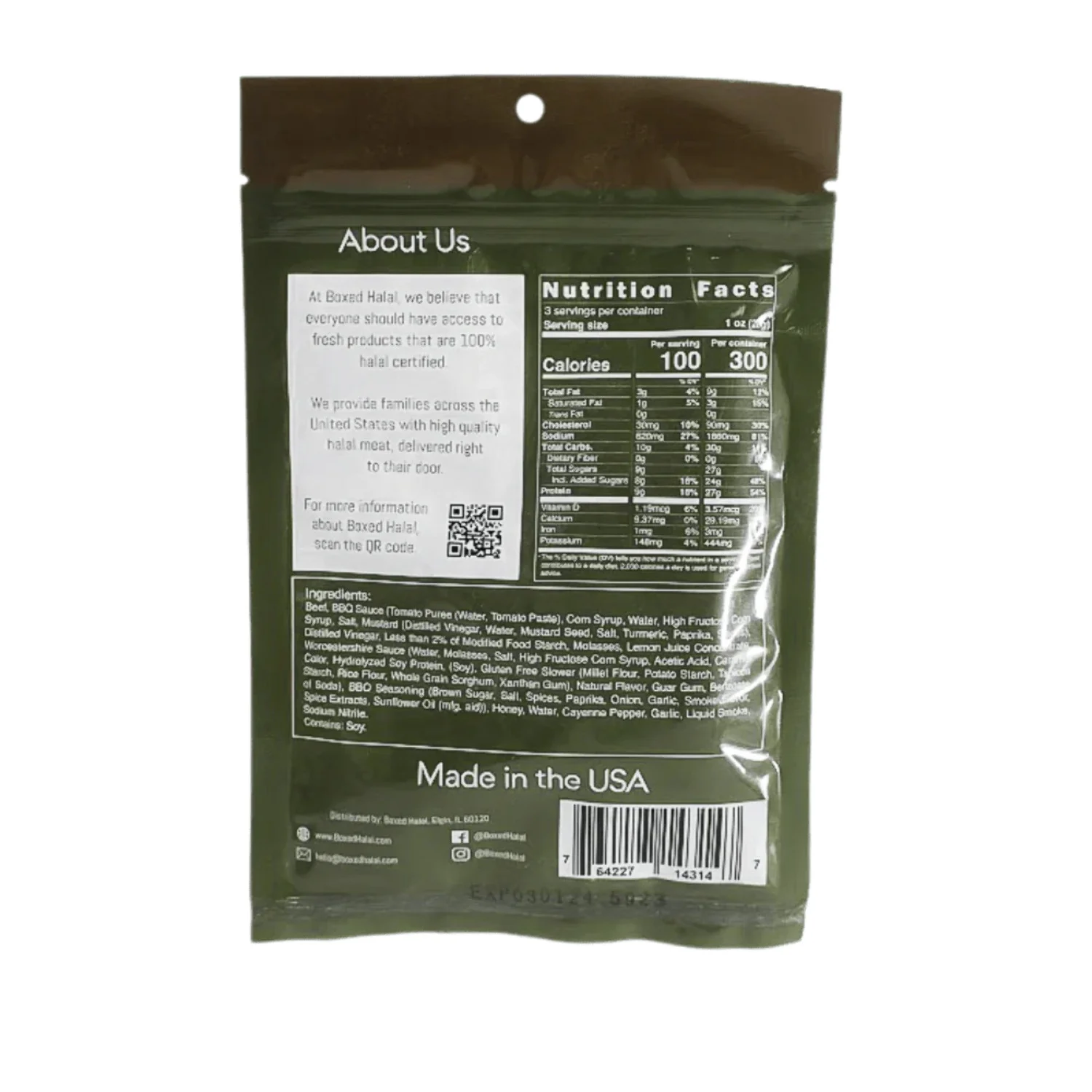 BOXED HALAL Premium 100% Grass-Fed BBQ Beef Jerky Strips, 13g Protein, HFSAA Certified Halal, Keto Friendly Snack, 3 Oz. Bags (3 Pack)