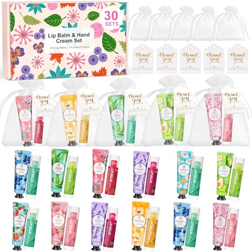 120PCS Bulk Gifts For Women, Lip Balm Bulk and Hand Cream Gift Set with Organza Bags, Thank You Cards, Party Favors For Bridal Wedding, Baby Shower, Christmas Gift Stocking Stuffers