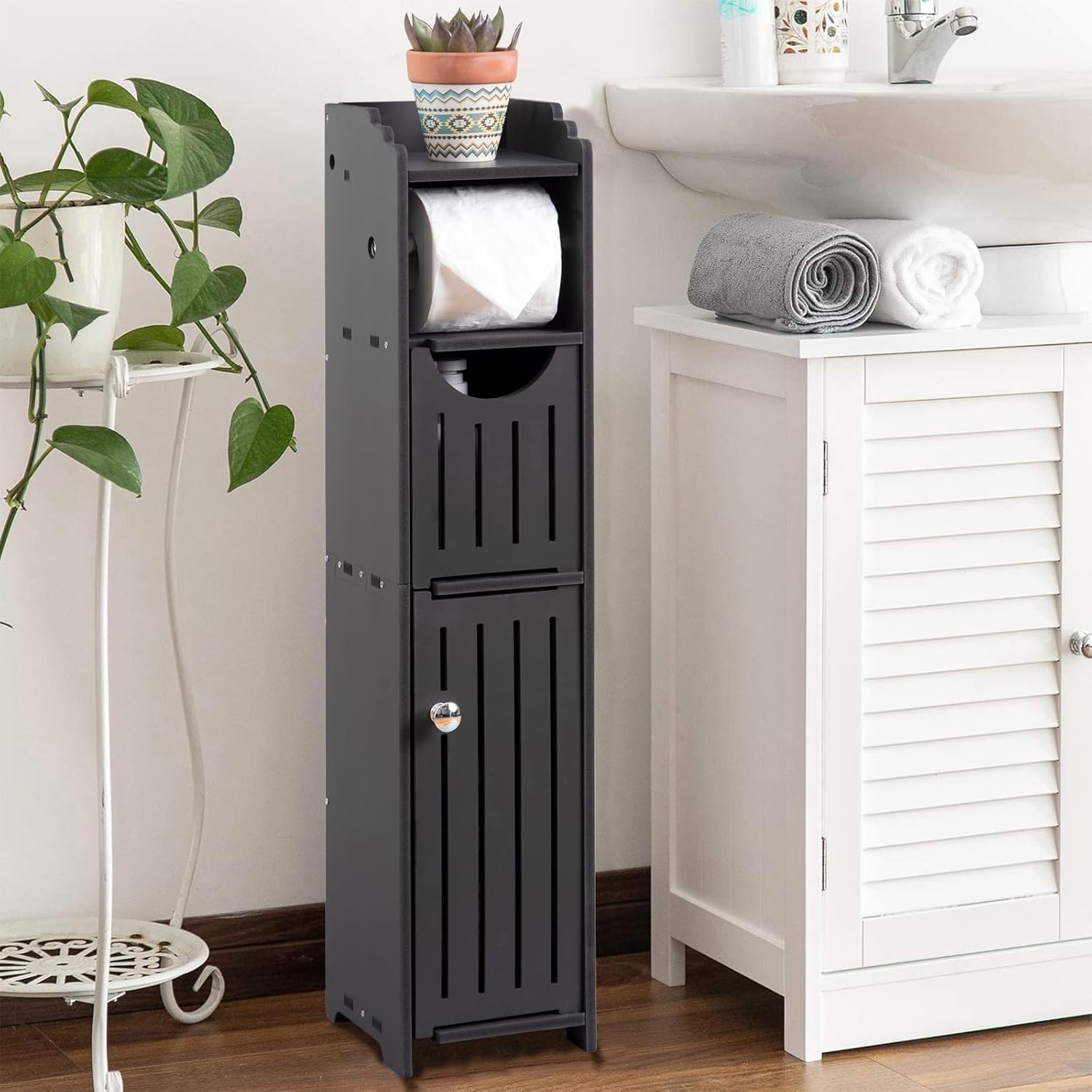 AOJEZOR Bathroom Storage Cabinet: Toilet Paper Holder Fit for Mega Roll - Matte Black