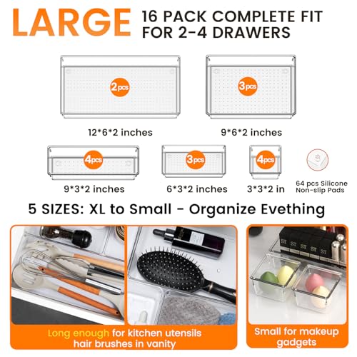 Criusia 26 Pack Large Clear Plastic Drawer Organizer Bins -5 Size Heavy Duty Acrylic Kitchen Drawer Organizers and Storage for Utensils -Bathroom Drawer Organizer Trays for Makeup Office Organization