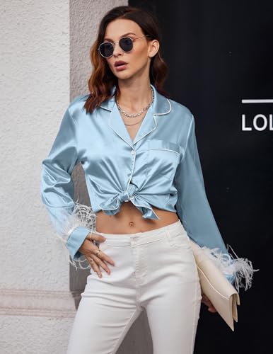 Ekouaer Women's Bridal Feather Trim Silk Satin Pajama Set Long Sleeve Lounge Sets Sleepwear (Removable Feather)