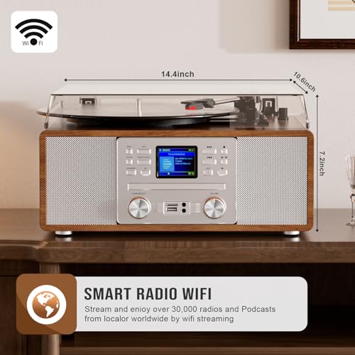 8-in-1 Retro Bluetooth Record Player with Built-in Stereo Speakers | Wireless 3-Speed Turntable for Vinyl, CD, MP3, USB/SD, Internet Radio | Headphone Jack & MP3 Recording | Vintage Multimedia Center