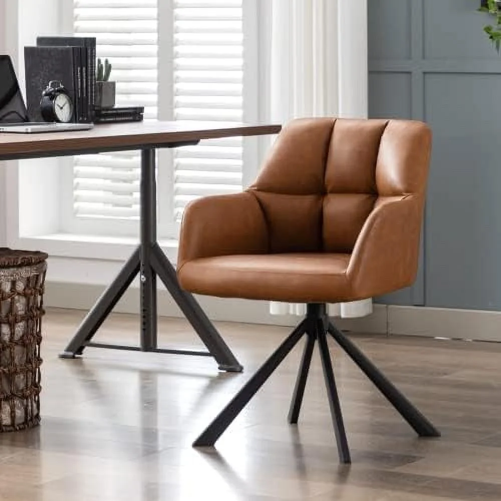 TJUNBOLIFE Desk Chair No Wheels Leather Home Office Chair Cute Swivel Arm Chair Comfortable Task Chairs for Bedroom Beige