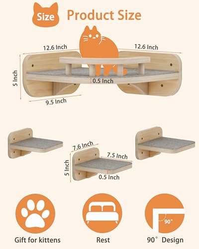 Megidok Cat Wall Furniture Corner Climbing Shelf Perches, Cat Bed Wall Mounted with 3 Wide Steps,Modern Floating Stairs for Wall Indoor Cats up to 13 Lbs,Gift for Cat - Wood Color