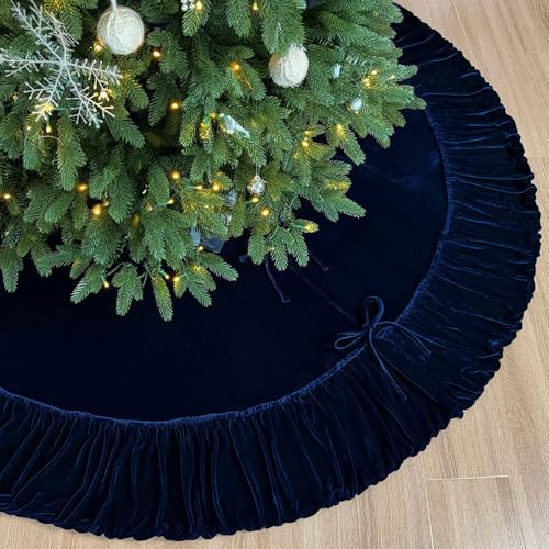 60-Inch Ruffled Velvet Christmas Tree Skirt with Foam Padding, Nylon Backing and Lace-Up Tie Closure, Burgundy