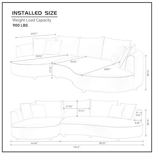 Leather Curved Couch Luxury Sectional Sofa Couch Comfy Cloud Sofa Couch for Living Room Apartment Office with Pillows (Grey-Left Chaise)