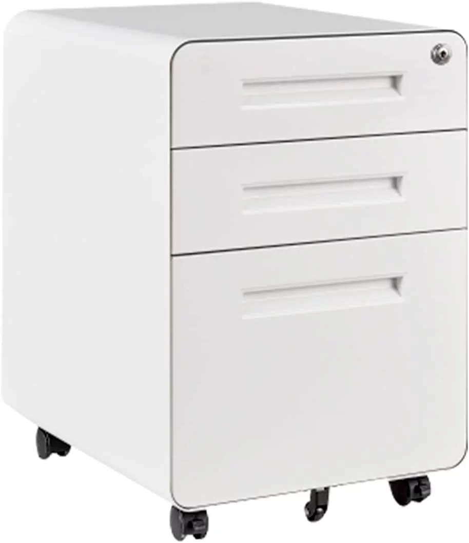 Mobile File Cabinet with Lock, 3 Drawer Filing Cabinets for Legal/Letter/A4 File, Round Corner Design, Metal, White