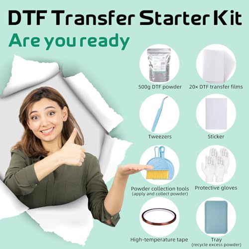 GO2CRAFT DTF Transfer Flim Powder Kit, 20Pcs DTF Film for DTF Sublimation Printer,17.6oz/500g White Digital Hot Melt Adhesive DTF Powder,Washable & Durable DTF Transfer Starter Kit for T-Shirt,Gifts
