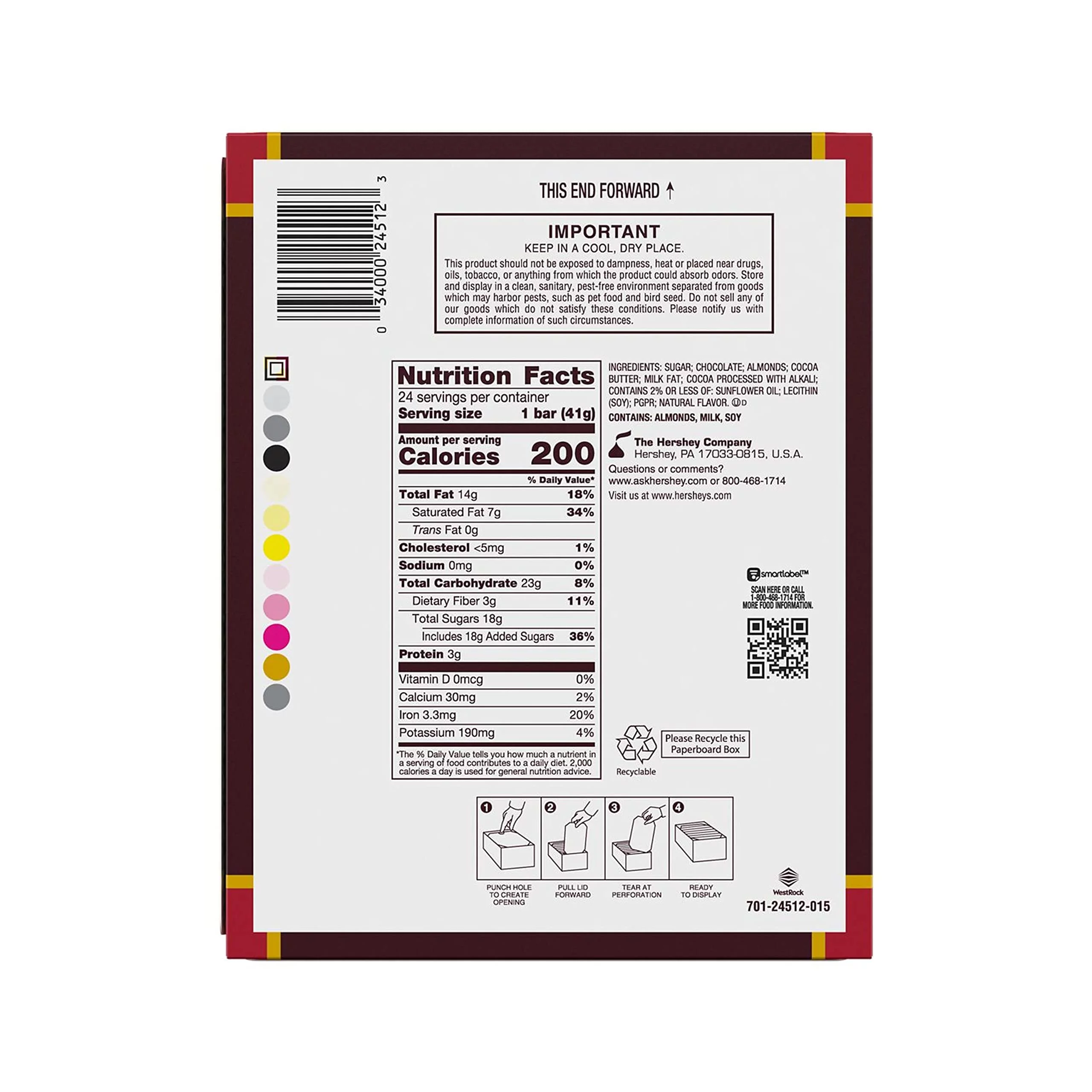 Hershey,S Special Dark Chocolate With Whole Almonds Candy Bars, 1.45 Oz (24 Count)