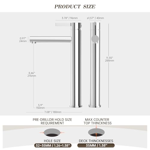 Phiestina Brushed Gold One Hole High Bathroom Vessel Sink Faucet, Single Hole Single Handle Tall Bathroom Faucet, with Pop Up Drain and Water Supply Line,FH01-BG-V