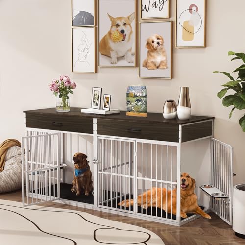 71'' Large Dog Crate for 2 Dogs, Dog Crate Furniture, Double Dog Crate Furniture TV Stand, Wooden Heavy Duty Dog Crate for Medium Large Dogs, Brown