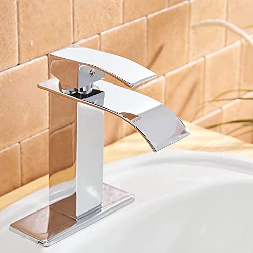 BWE Vessel Sink Faucet Modern Waterfall Chrome Single Hole Bathroom Faucet Single Handle with Pop up Drain Without Overflow Assembly Vanity Basin Bath Sink Faucets Mixer Tap