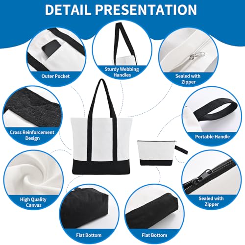 16 Pack Canvas Tote Bags Bulk and Makeup Pouches Set, 12oz Cotton Reusable Zippered Grocery Bags with Handles, DIY Sublimation, Halloween Craft, Beach & Travel with External Pocket (Women & Men)