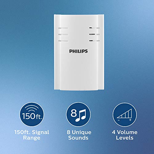 Philips Wireless Doorbell Kit, Plug-In Reciever, 2 Push Buttons, 8 Melodies, 4 Volume Levels, 150 Ft Range, White, DES2280W/27