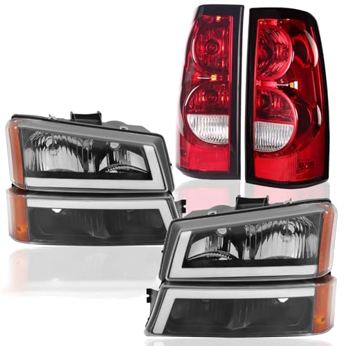 Headlights Assembly +Tail Lights Assembly Combo compatible with 2003-2006 Chevy Silverado, LED DRL Headlight Assembly w/OE Style Taillights