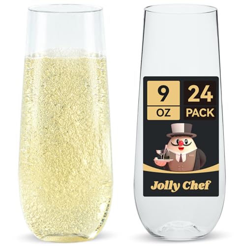 JOLLY CHEF 24 Pack Stemless Plastic Champagne Flutes Disposable 9 Oz Gold Rim Clear Plastic Toasting Glasses Shatterproof Recyclable for Party, Wedding, Birthday, Christmas