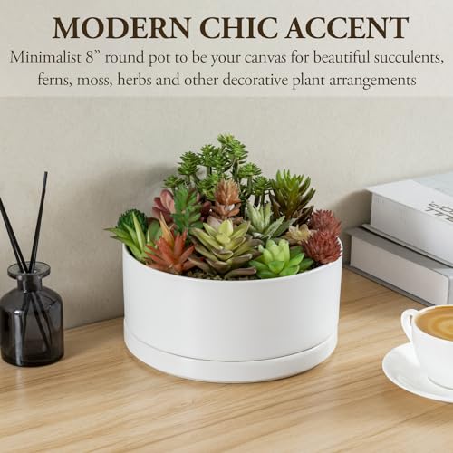 MyGift Cylindrical White Ceramic 7 Inch Plant Pot with Drainage Hole and Removable Tray, Indoor Outdoor Small Succulent Planter