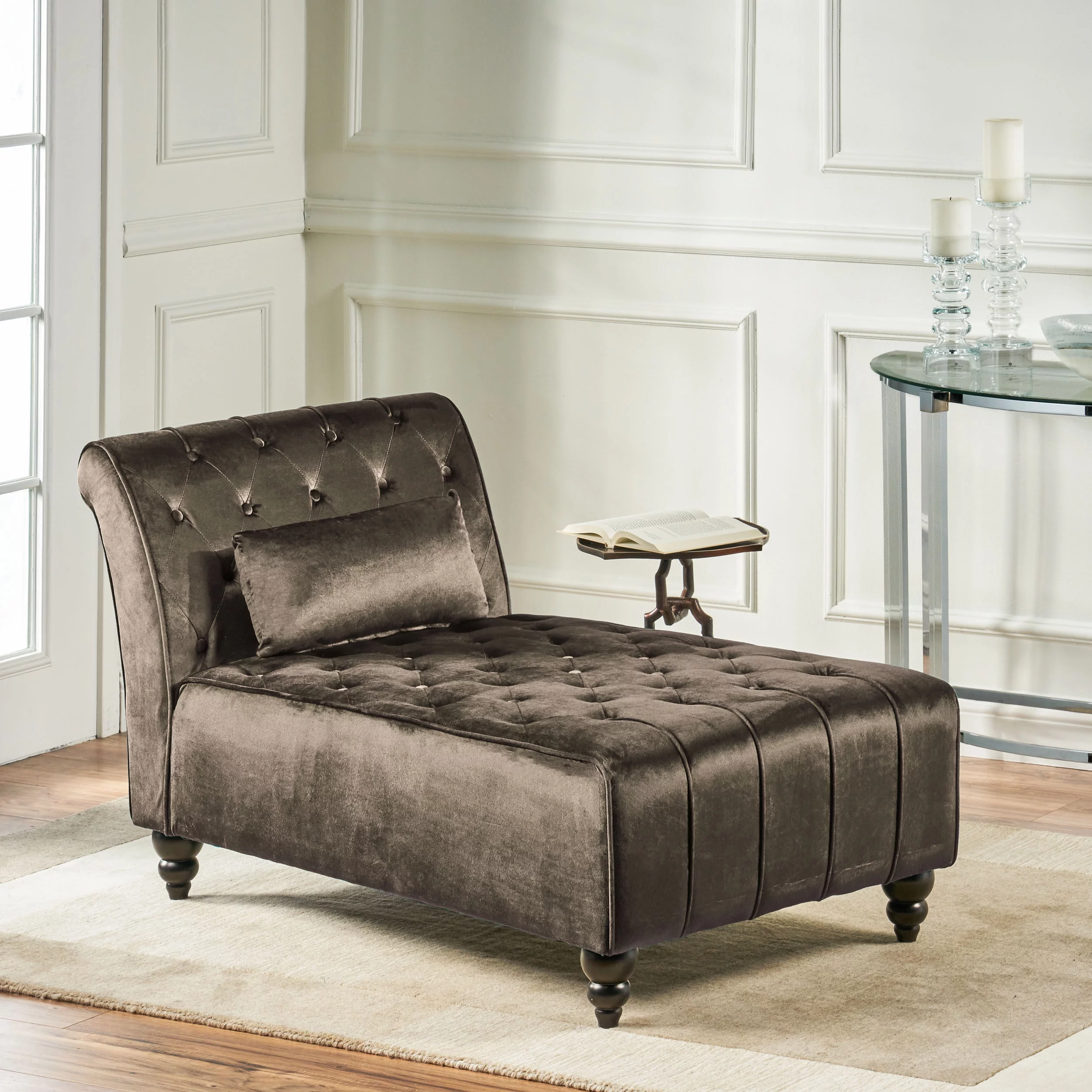 Rafaela Modern Glam Tufted Velvet Chaise Lounge, Gray and Dark Brown