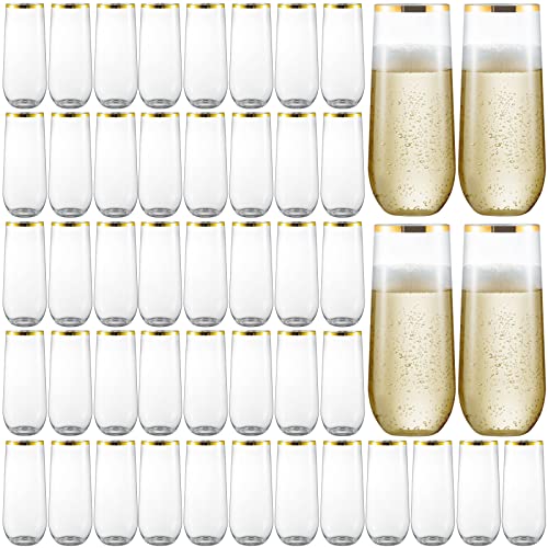 48 Pack Plastic Stemless Champagne Flutes, Disposable Unbreakable 9 Oz Toasting Glasses With Gold rim, Fancy & Shatterproof Champagne Glasses, Ideal for Wedding, Birthday, Party, Easter