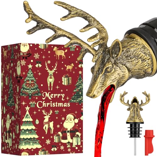 LKKCHER Deer Head Wine Bottle Pourer and Stopper Birthday Gifts Hunting Gifts for Hunters Men Dad Liquor Bottle Pourers Spout for Alcohol Spirits, Stag Gifts Wine Gifts, Bronze