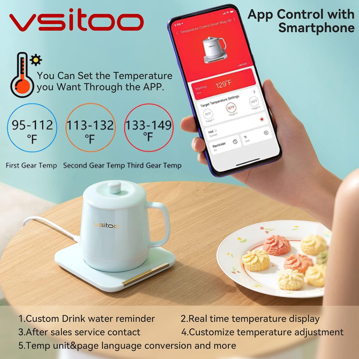 VSITOO Coffee Mug Warmer&Mug Set, App Temperature Control Smart Mug for Desk, Heated Ceramic Coffee Mug with Auto Shut Off, 12oz, IPX7-Waterproof, Funny Gift Idea