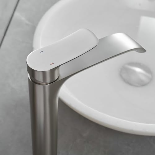 Brushed Nickel Vessel Sink Faucet, Single Handle Modern Waterfall Tall Bathroom Sink Faucet, Brass, 1 Hole, 1 Handle, Deck Mount, Vessel Install, Includes Supply Hoses, Drain, Manual