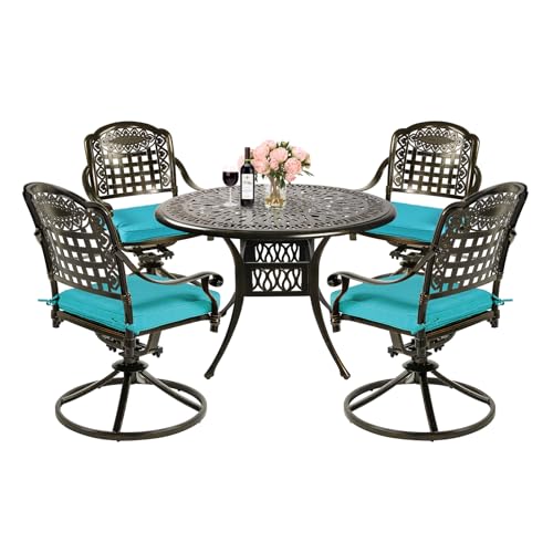 MEETWARM 5-Piece Outdoor Patio Dining Set, All-Weather Cast Aluminum Patio Conversation Set for Backyard Garden Deck with 4 Cushions Swivel Rocker Chairs and 35.4