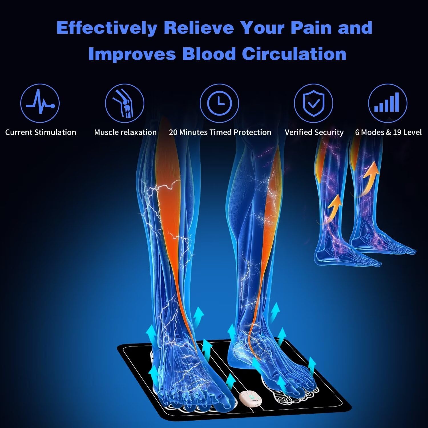 EMS Foot Massager Mat for Neuropathy - Foot Massager for Pain Plantar Relief, Improve Circulation, Muscle Relaxation, Portable & Rechargeable Feet Massager Pad with 6 Modes &19 Levels