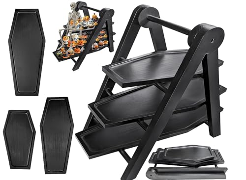 20'' Tall Halloween Party Food Dessert Decor - 3 Tiered Coffin Tray Cupcake Stand - Solid Sturdy Wood Roomy Space Holds More