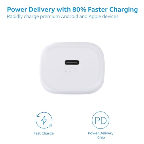 AT&T Single Port 30W USB-C Fast Charging Power Adapter for iPhone, iPad, Watch, Google Pixel, Samsung Galaxy (White)