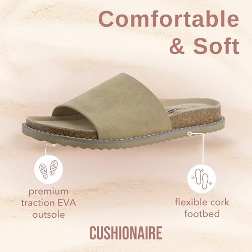 CUSHIONAIRE Ritual Women’s Slide Sandal – Suede Slip-On with Cork Footbed, Contoured Insole & Flexible Lightweight Outsole