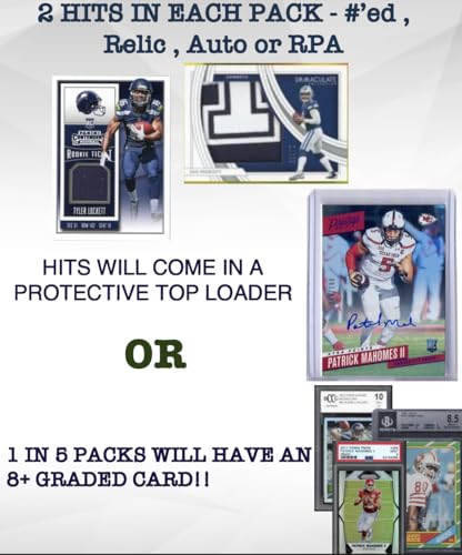 Football Mystery Hot Pack - 30 Cards - 2 Hits or Graded Guaranteed - #'ed, Relic, Auto, PSA or BGS 8+, 10 Rookies/Inserts, Color, Parallel, SP or Top Player