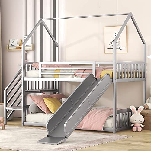 Twin Over Twin Bunk Bed with Slide, Metal Bunk Bed with Storage Staircase and House Roof, Twin Size Low Bunk Bed Frame for Kids Teens Boys Girls, Space Saving, No Box Spring Needed, Black