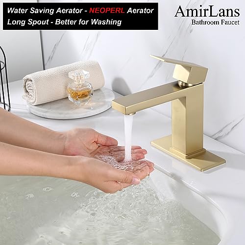 Brushed Gold Vessel Sink Faucet - Tall Single Hole Bathroom Faucet with Pop Up Drain, AML-11411-BG