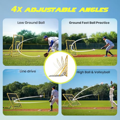 Baseball Rebounder Net,4x4.5FT Multi-Sport Pitch Back Rebounder Steel Frame with 4 Adjustable Angles, 40pcs Bungees Soccer, Volleyball&Lacrosse Trainer for Solo Fielding,Pitching and Reflex Training