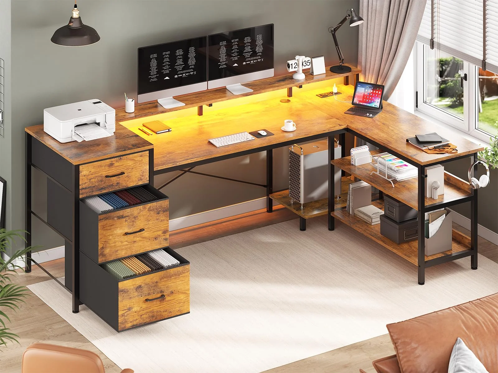 Afuhokles L Shaped Desk with LED Light, 67