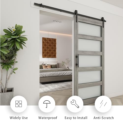 BARNSMITH 42in x 84in Glass Barn Door with 7FT Sliding Door Hardware Kit Included & Handle,5-Panel Frosted Glass Solid Wood Slab with Water-Proof PVC Surface,Pre-Drilled Easy Assembly,Grey