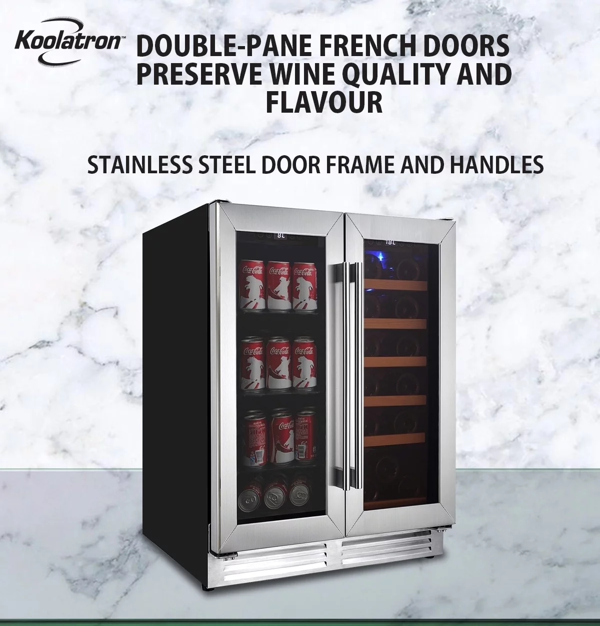 Koolatron 18 Bottles and 56 Cans Built-In Under-Counter 24 Inch Dual Zone Wine Cooler and Beverage Fridge