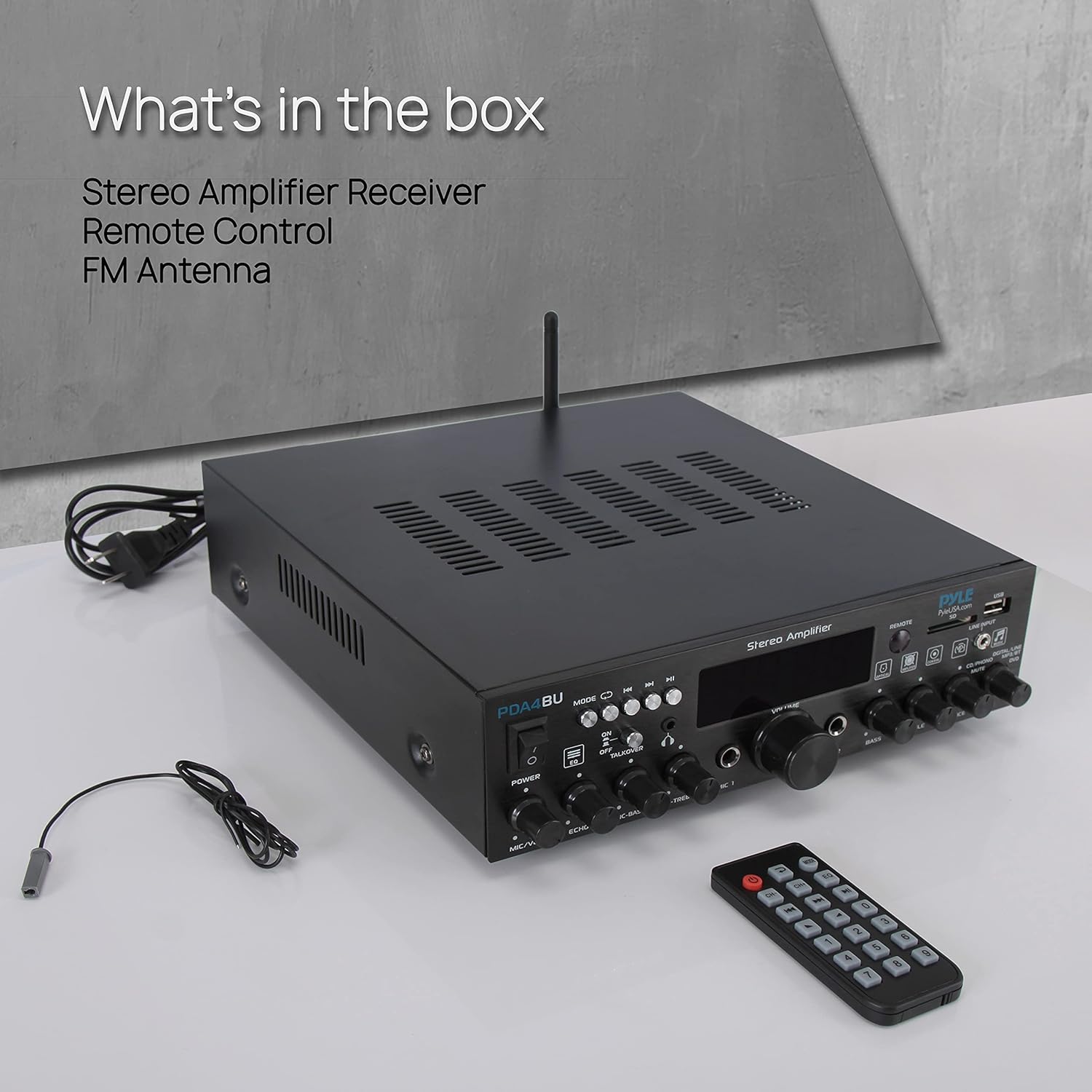 Wireless Bluetooth Home Stereo Amplifier-Multi-Channel 200 Watt Power Amplifier Home Audio Receiver System W/Optical/Phono/Coaxial, FM Radio, USB/SD, AUX, RCA, Mic in-Antenna, Remote-Pyle PDA4BU