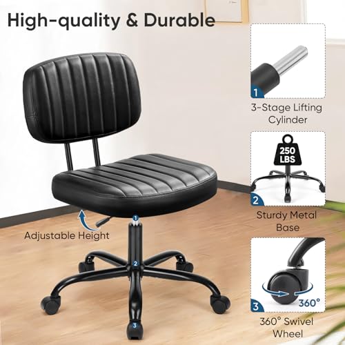 DUMOS Armless Small Home Office Desk Chair - Vanity Task Chair with Low Back, Height Adjustable PU Leather Swivel Computer Chair with 360° Rolling Wheels, Deep Brown
