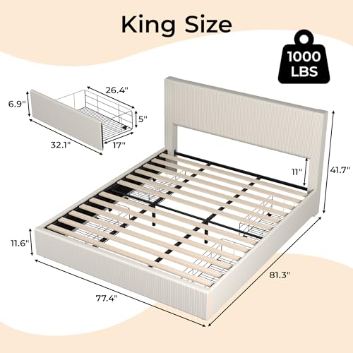 Bed Frame, Queen Size Platform Bed with 4 Storage Drawers, Upholstered Corduroy Channel Tufted Headboard Bed Frame with Strong Wooden Slat Support, No Box Spring Needed, Beige