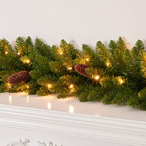 Christmas Garland Pre-lit 9 Ft with 50 Led Lights, Battery Operated Fireplace Stairs Mantle Door Indoor Outdoor, Decorated Pine Cone and Snow Style