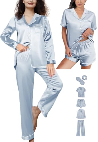 6Pcs Womens Silk Satin Pajamas Set XS-XXL Pajama Sets Pjs Set Button Down Pj Sets Sleepwear Loungewear