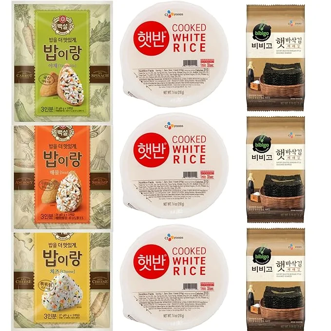 CJ Baeksul Korean Rice Seasoning Flakes (3 Flavors - Cheese, Vegetable, Seafood), 3 Seaweed, 3 Instant Rice - Variety Combo Pack - 백설 밥이랑 - Riceball Seaweed Kit Snack