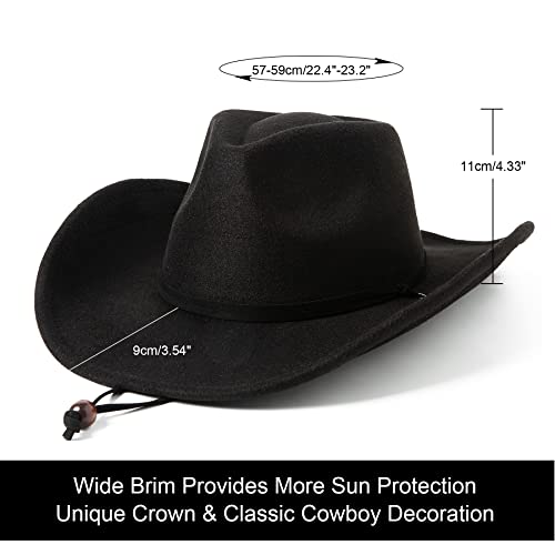 Lanzom Women Men Retro Felt Wide Brim Western Cowboy Cowgirl Hat Dress Up Hat with Wind Lanyard